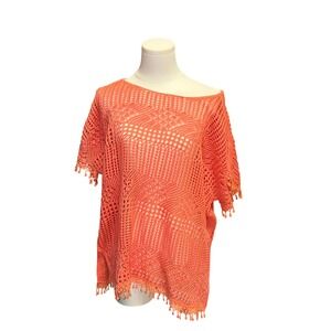Fashion Avenue Crochet Poncho Top Womens XL Orange Good Tassel Trim Boho Knit